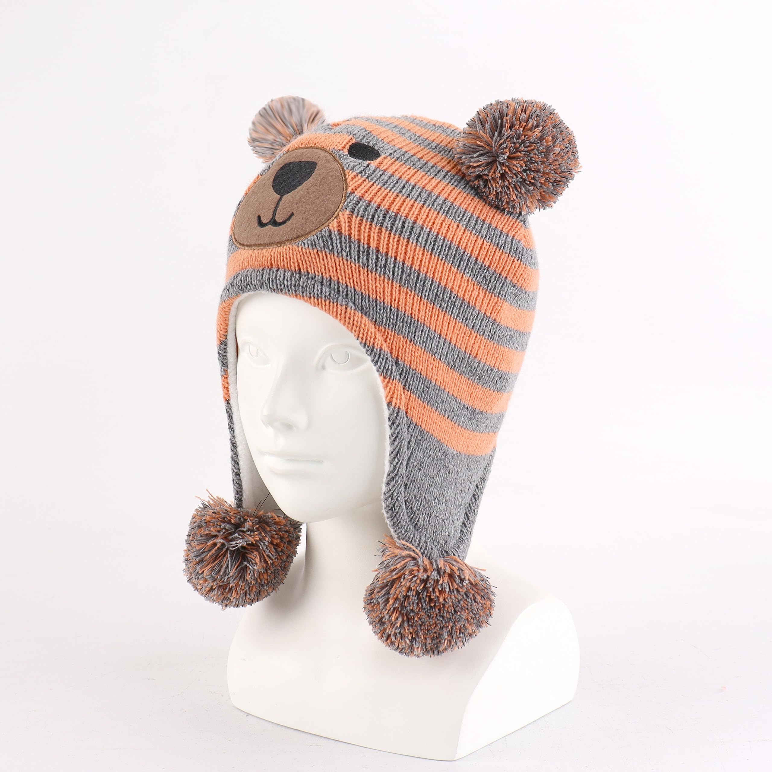 LANGZHEN Toddler Kids Infant Winter Hat,Earflap Knit Warm Cap Fleece Lined Beanie for Baby Boys Girls (Bear -Grey Orange Stripe, 2-4 T)