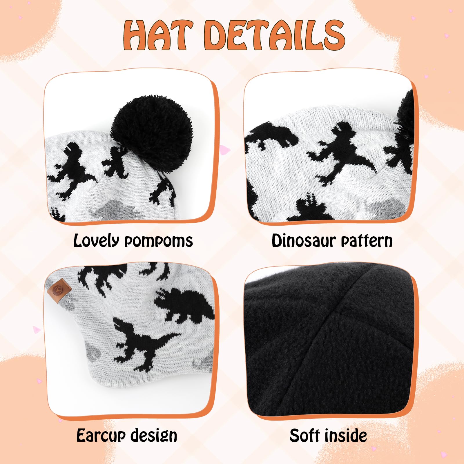 Duoyeree Kids Beanie Dinosaur Pom Pom Knit Winter Hat Fleece Lined for 1-7T