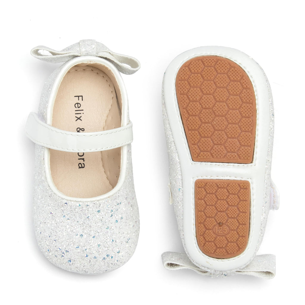 Felix & Flora Soft Sole Giltter White Baby Walking Shoes - Infant Moccasins Rubber Sole Crib Ballet Flats(Giltter White,12-18Months)
