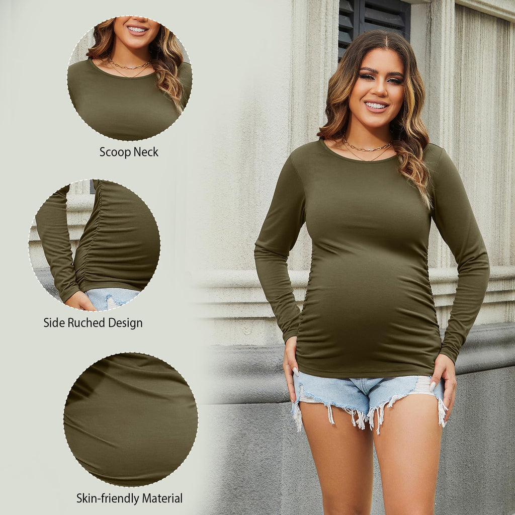 Women's Maternity Shirts 3 Packs Long Sleeve Pregnancy Tops Basic Side Ruched Tunic Blouse,Black/Olive Green/Gray S