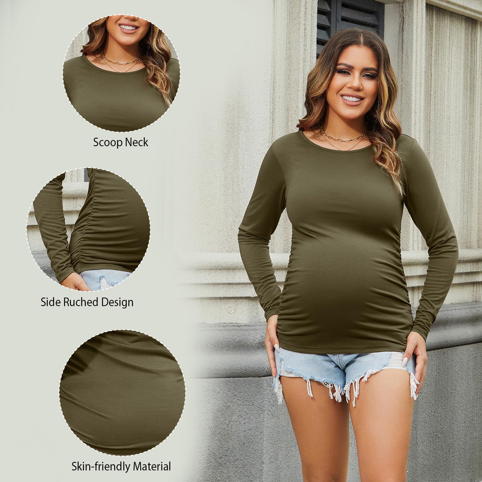 Women's Maternity Shirts 3 Packs Long Sleeve Pregnancy Tops Basic Side Ruched Tunic Blouse,Black/Olive Green/Gray S