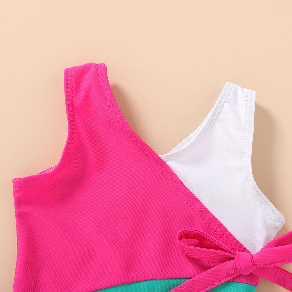 Happy Town Toddler Swimsuit Girl One Piece Bathing Suit Color Block Swimwear Baby Summer Beach Wear(6-7 Years,White Pink Blue)
