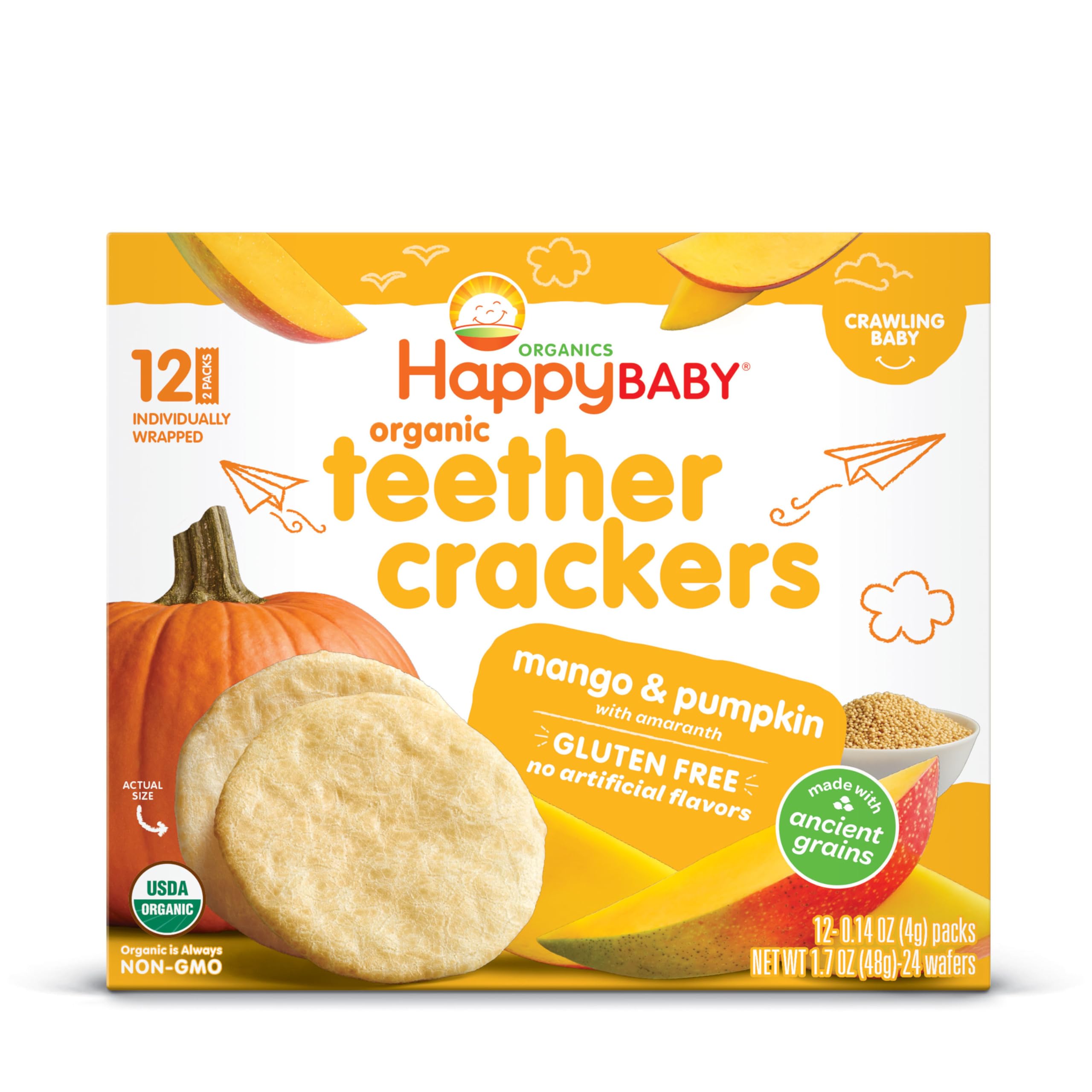 Happy Baby Organics Organic Teether Crackers Gluten Free Mango & Pumpkin with Amaranth 12-0.14 oz Packs