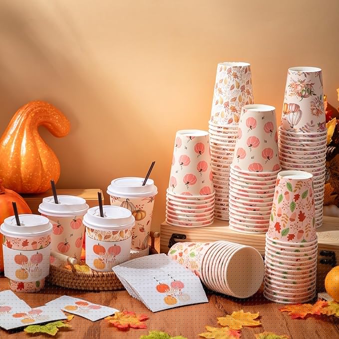 Lallisa 100 Sets Fall Thanksgiving Coffee Cup Bulk with Lid Disposable 12 oz Fall Hot Cups Paper and Sleeves Straws, Autumn Drinking Supplies for Holiday Party(Pink Style)