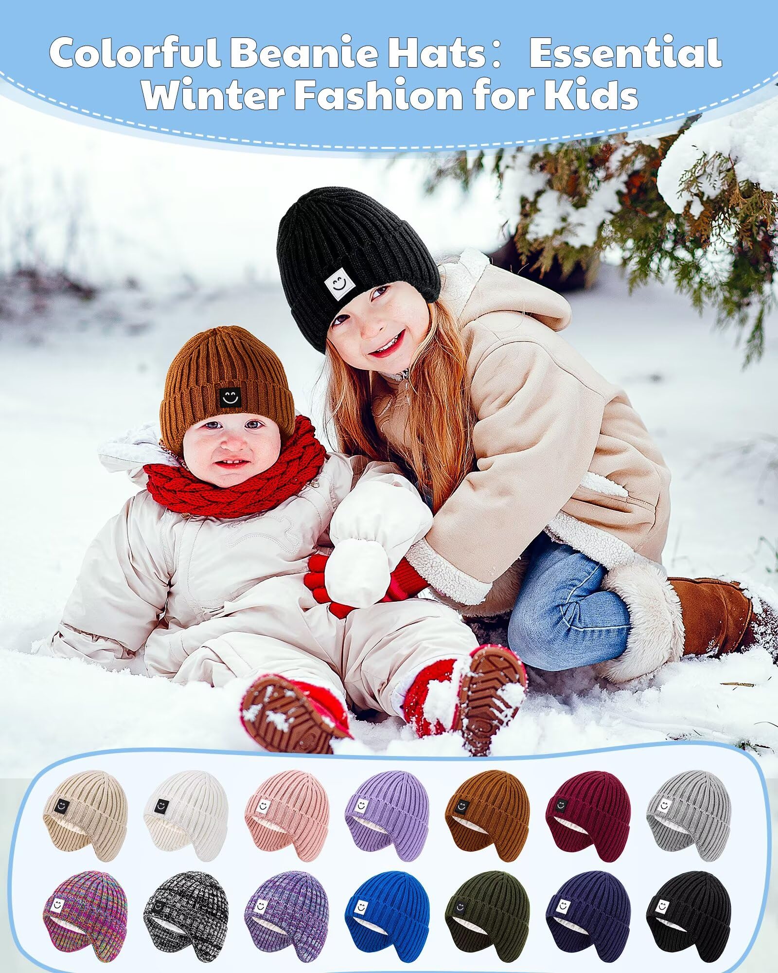 Alepo 3 Pack Baby Beanie Hats with Earflaps, 2 Size Baby Winter Hat for Newborn Infant Toddler Kids Children with Cute Smiley Face, Soft Warm Fleece Lined Knit Hat for Girls Boys-13