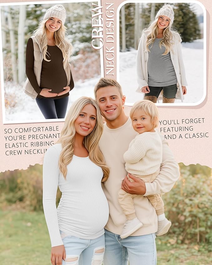 Riyiper 4 Pack Women's Maternity Shirts, Long Sleeve Cotton Ribbed Pregnancy Tee Top Crewneck Side Ruched Casual Mama Clothes