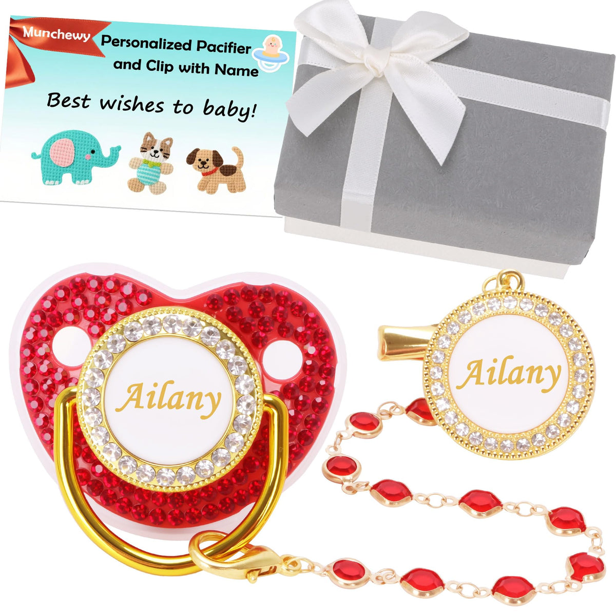 Munchewy Custom Baby Pacifier with Name and Clip for Newborns(White)