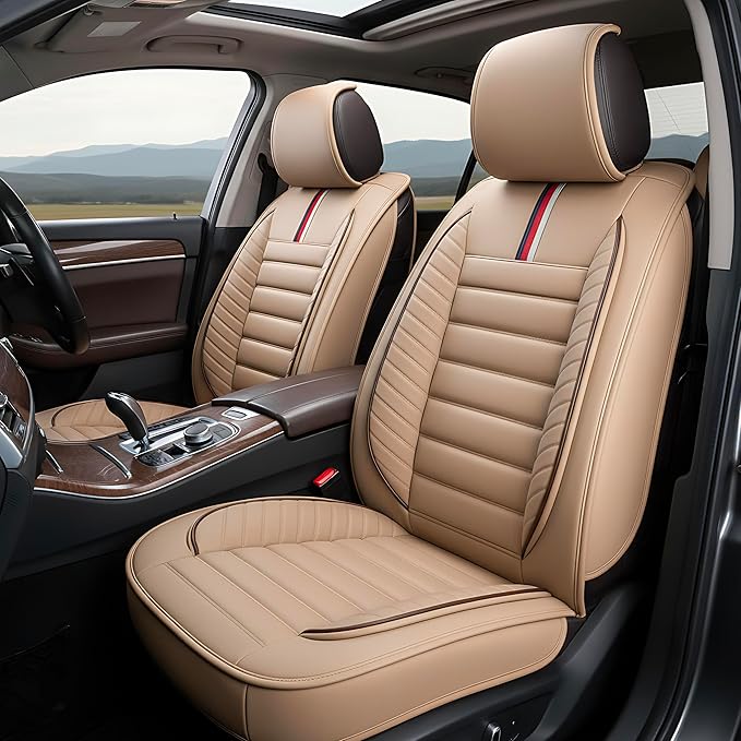 OASIS AUTO Car Seat Covers Premium Waterproof Faux Leather Cushion Universal Accessories Fit SUV Truck Sedan Automotive Vehicle Auto Interior Protector Full Set (OS-001 Tan)