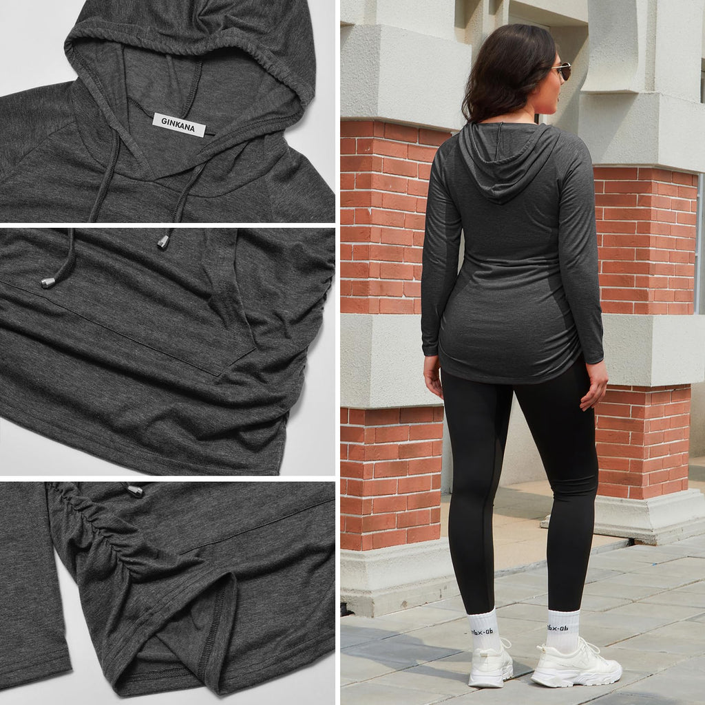 GINKANA Womens Maternity Hoodie Top Sweatshirt Long Sleeve Pregnancy Tunic Top,Dark Grey,Medium