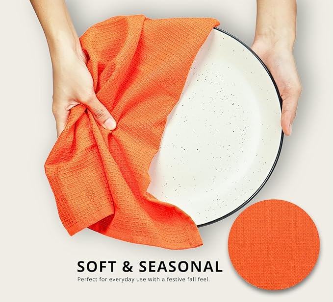 PurpleEssences Waffle Weave Kitchen Towel, 100% Cotton - 15 x 25 Inches, with Hanging Loop Ultra Soft Absorbent Quick Drying Dish Cloth, Tea and Hand Towels, 4 Pack Fall Thanksgiving - Orange