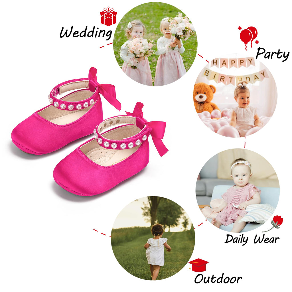 PHIRAMIN Baby Girls Rose Pink Mary Jane Flats - Infant 9-12 Months Walking Shoes Soft Rubber Sole Princess Wedding