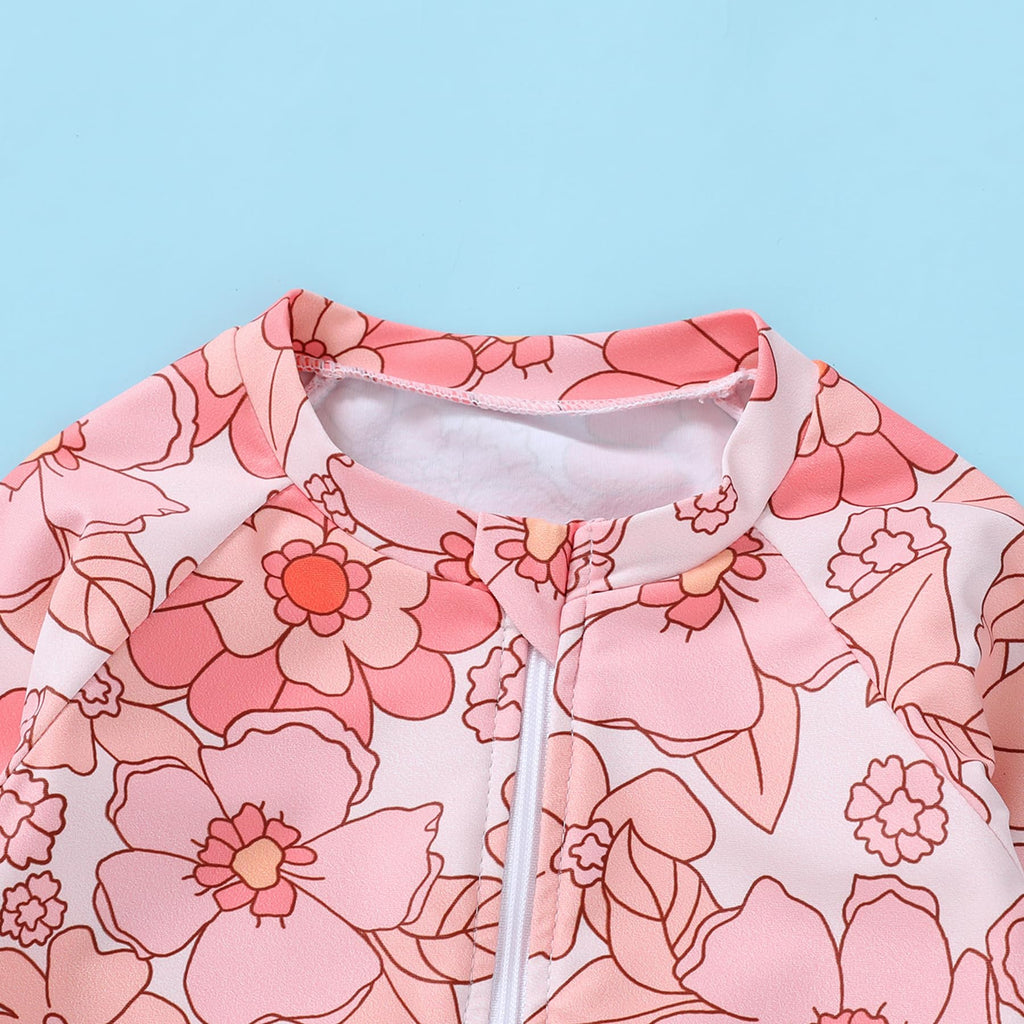 Infant Baby Girl Swimsuit One-Piece Long Sleeve Rash Guard with Hat Set Floral Zipper Bathing Suit Leopard Beach Wear(Pink#Flower, 6-12 Months)
