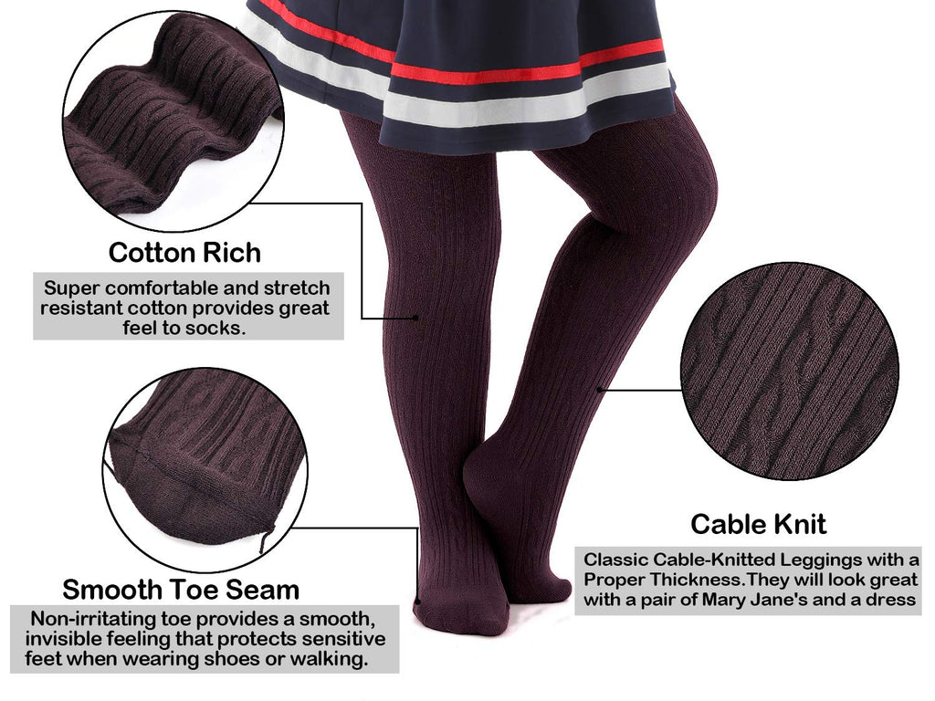 EPEIUS Baby Tights Toddler & Little Girls Cable Knit Tights Solid Cotton Stockings Seamless Footed Leggings Pantyhose Baby Clothes Dress Tights 6-8 Years,3 Pack,Brown/Purple/Pink