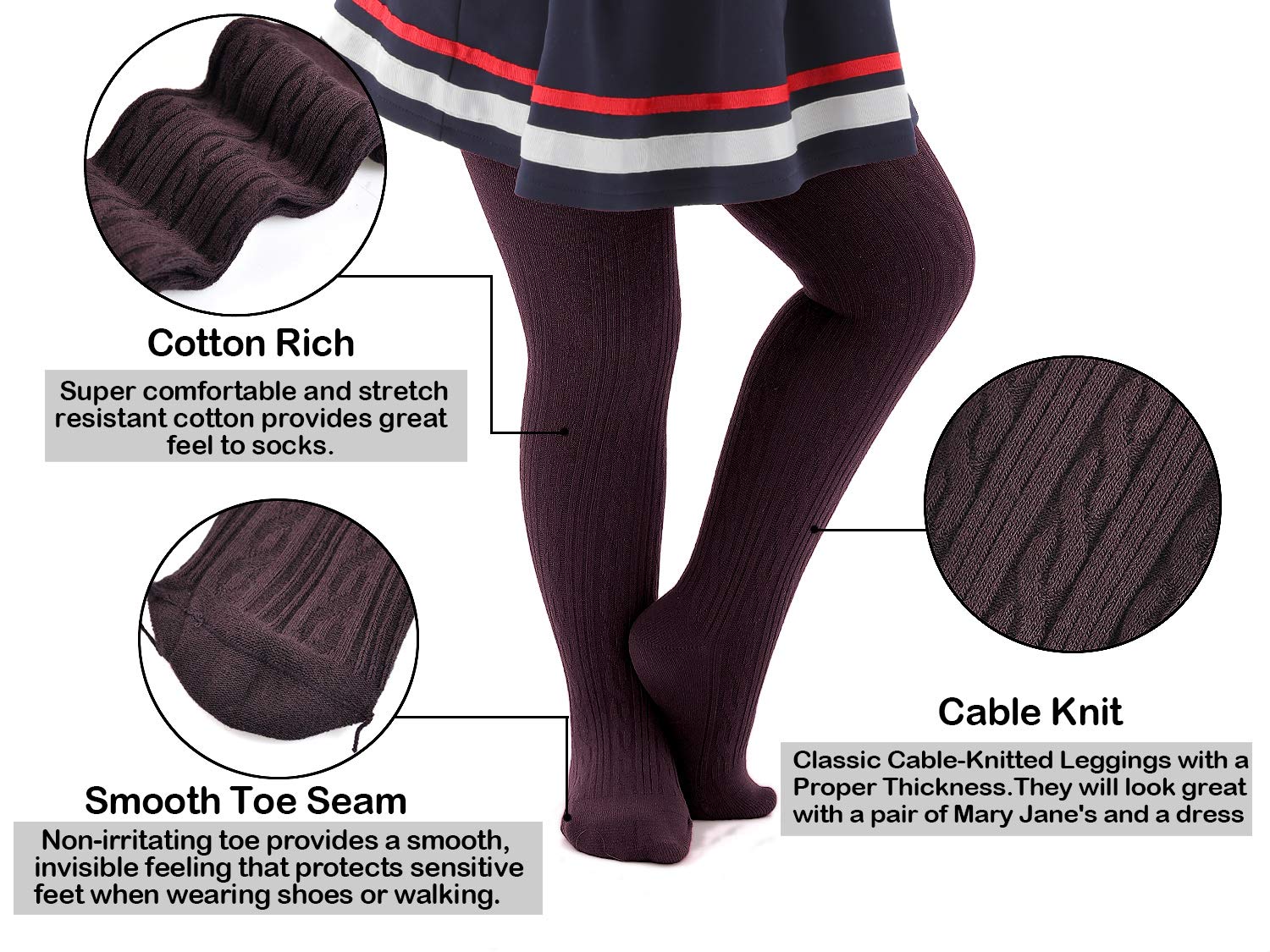 EPEIUS Baby Tights Toddler & Little Girls Cable Knit Tights Solid Cotton Stockings Seamless Footed Leggings Pantyhose Baby Clothes Dress Tights 6-8 Years,3 Pack,Brown/Purple/Pink