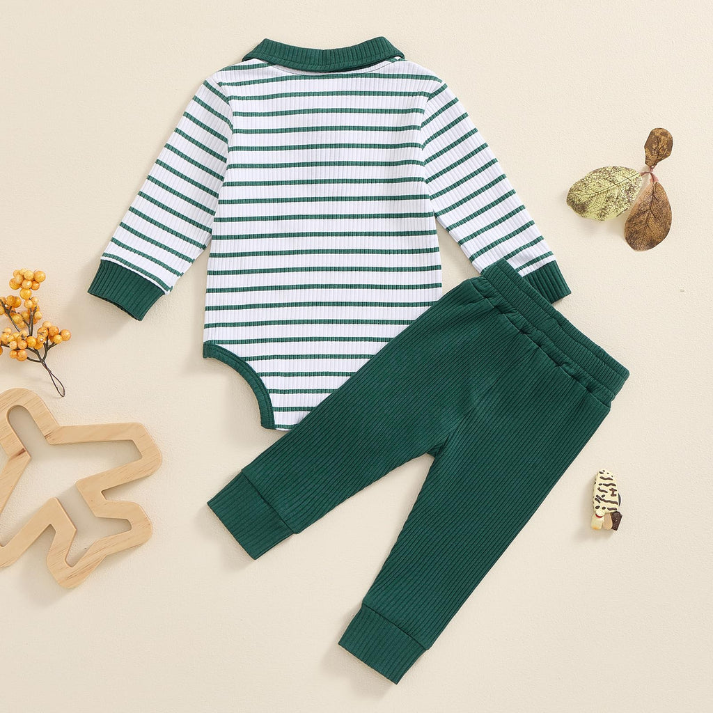 Newborn Baby Boy Girl Clothes Ribbed Knitted Long Sleeve Romper Pants Solid Cotton Infant Fall Winter Outfits 2Pcs (Striped Blue, 18-24 Months)