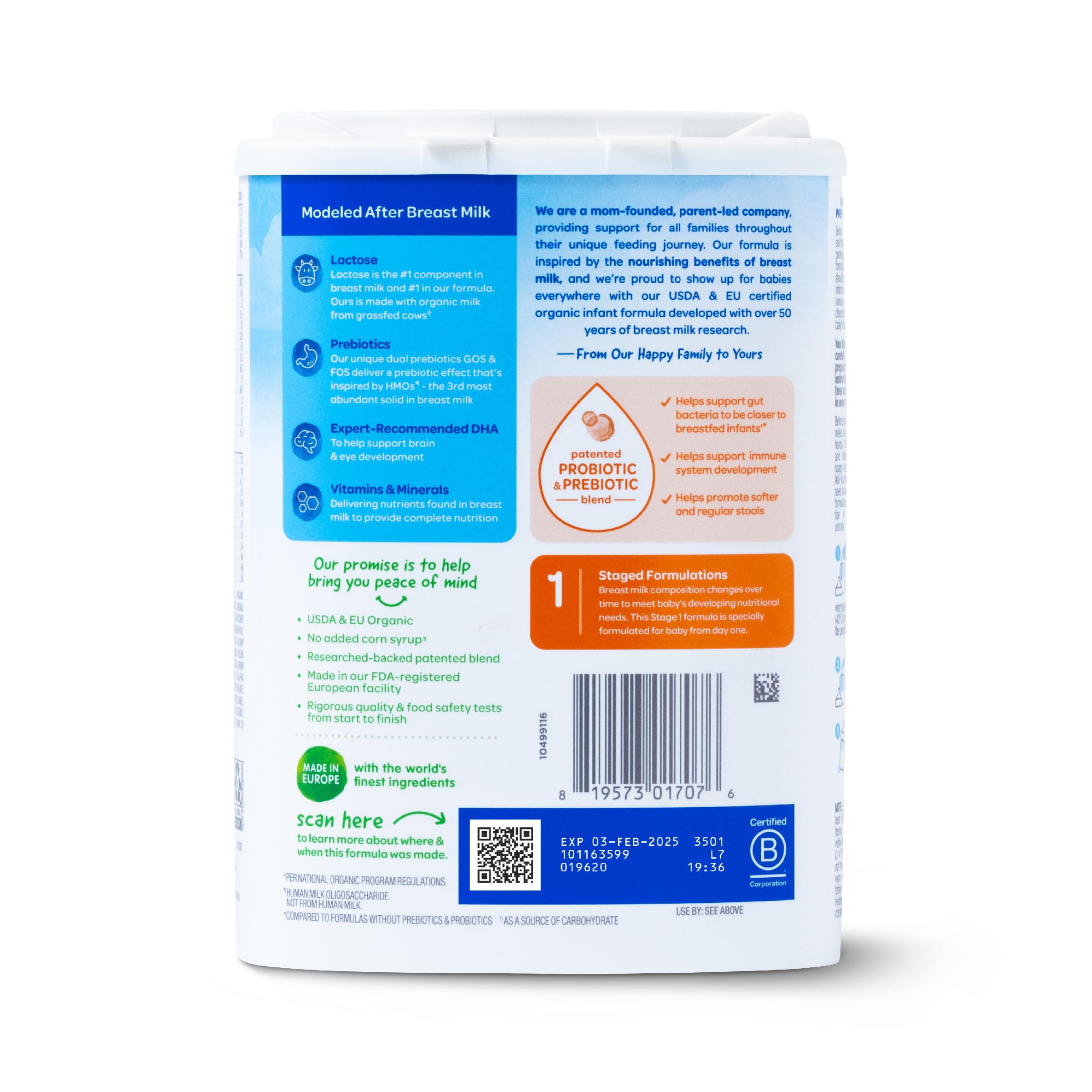 Happy Baby Organics Stage 1 Infant Formula, 0 12 Months, Milk Based Organic Baby Formula Powder with Iron, Probiotics & Prebiotics for Immune & Digestive Support, 22.9 Ounce (Pack of 1)