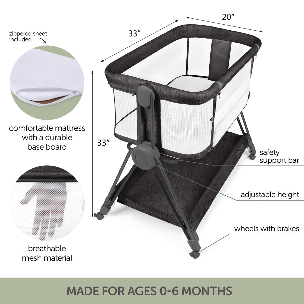 KOOLABABY Baby Bedside Sleeper - Bassinet & Bedside Crib with Height Adjustment & Wheels - Can Be Placed Next to Bed - Attaches to Parents Bed - Easy to Fold & Carry Bassinet (Grey)