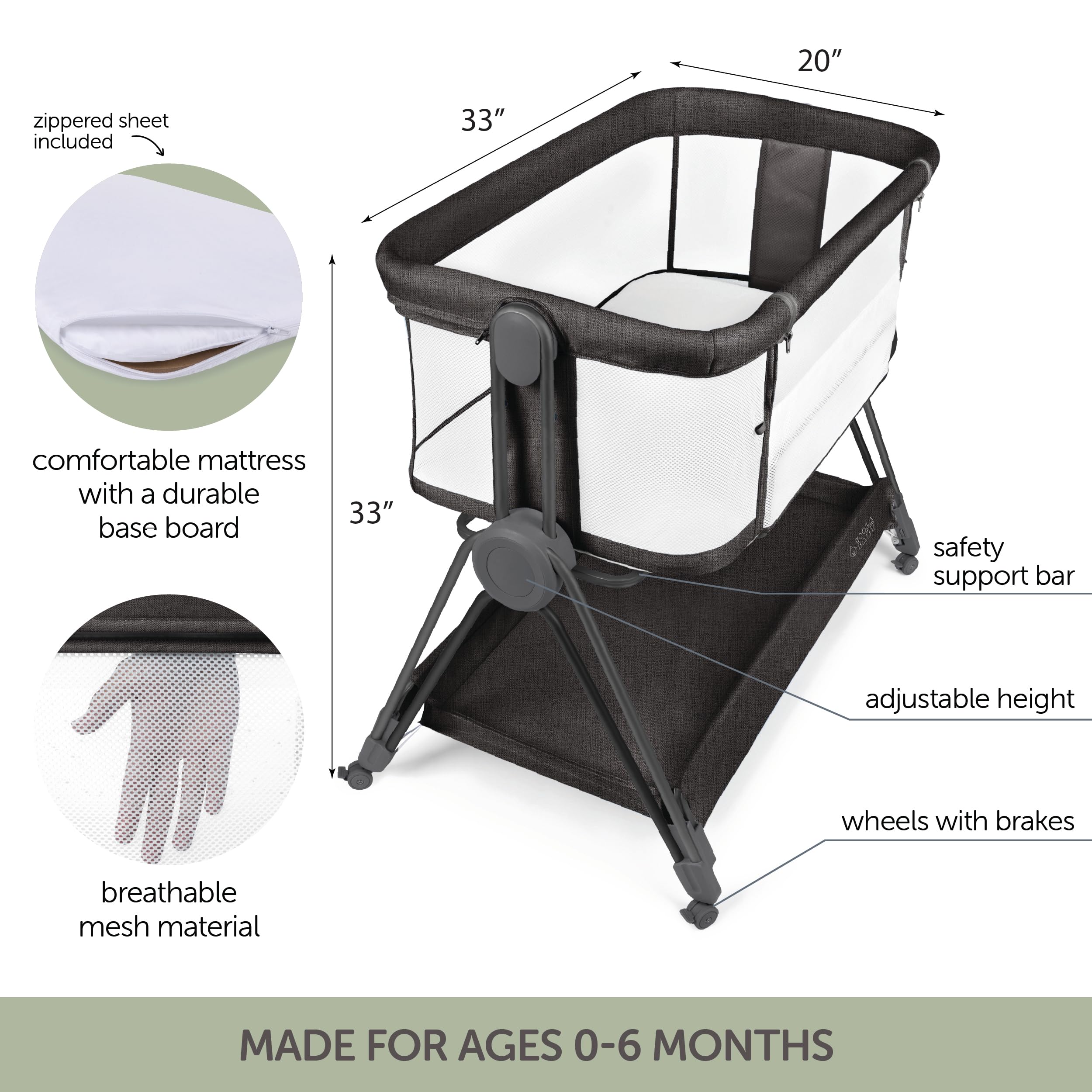 KOOLABABY Baby Bedside Sleeper - Bassinet & Bedside Crib with Height Adjustment & Wheels - Can Be Placed Next to Bed - Attaches to Parents Bed - Easy to Fold & Carry Bassinet (Grey)