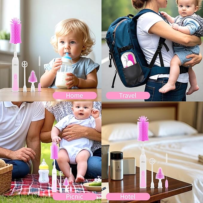 Electric Bottle Brush Cleaner New Upgrade, Portable Electric Baby Bottle Brush Cleaner for Travel, Travel Bottle Cleaner Kit with Nipple & Straw Brush, Perfect Mom Essentials After Birth Gift, Pink