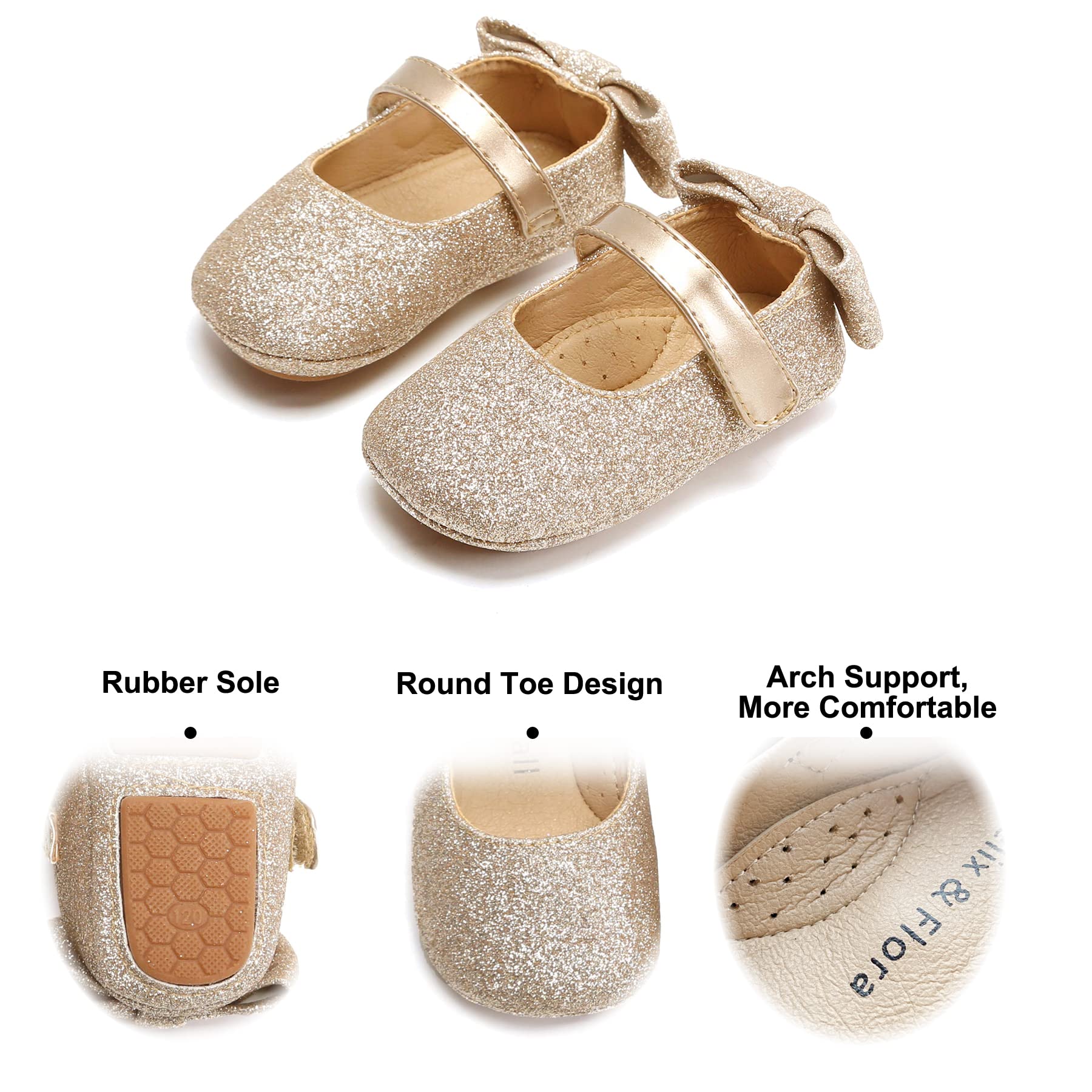 Felix & Flora Soft Sole Leather Gold Baby Shoes - Infant Baby Walking Shoes Moccasinss Rubber Sole Crib Shoes(Gold,18-24 Months)