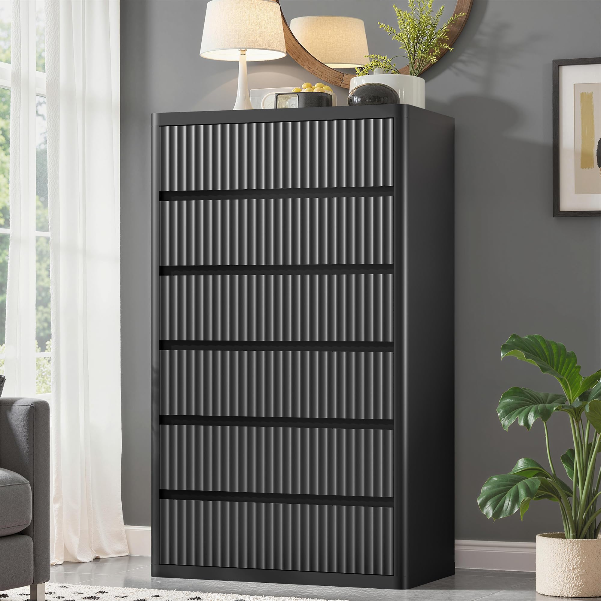 Standifurno Black 56" Tall Dresser for Bedroom, Fluted Modern 6 Drawers Deep Dressers, Wood Chest of Drawers with Handleless, Curved Profil Storage Closet Dressers for Bedroom, Living Room, Hallway
