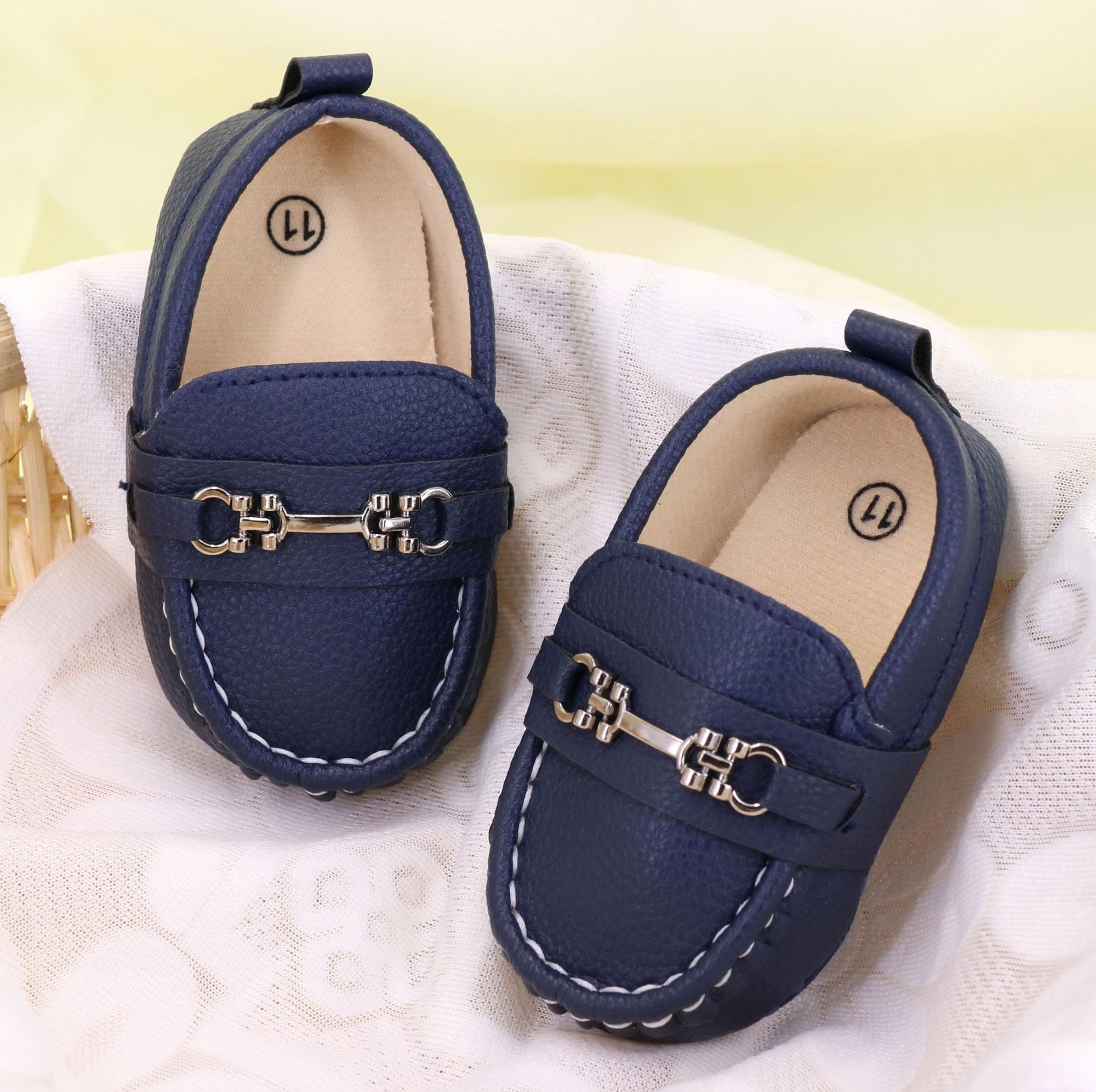 LONSOEN Infant Shoes Boys Loafers Baby Girls Crib Moccasins Classic Synthetic Leather Wedding Dress Shoes,BAY209 Deep Blue 0-6 Months