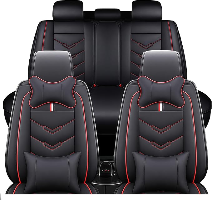 Leather Car Seat Covers Fit for LR Defender 2020-2025, 5 Seater Waterproof and Wear-Resistant Seat Cover Interior Accessories(Full Set with Pillow,Black&Red)