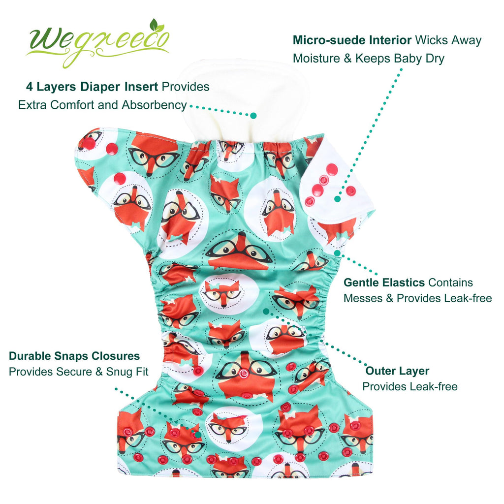 wegreeco Cloth Diapers 6 Pack with 6 Inserts & 1 Wet Bag, Washable Cloth Diapers for Babies, One Size Adjustable Reusable (Girl Prints + 1 Wet Bag)