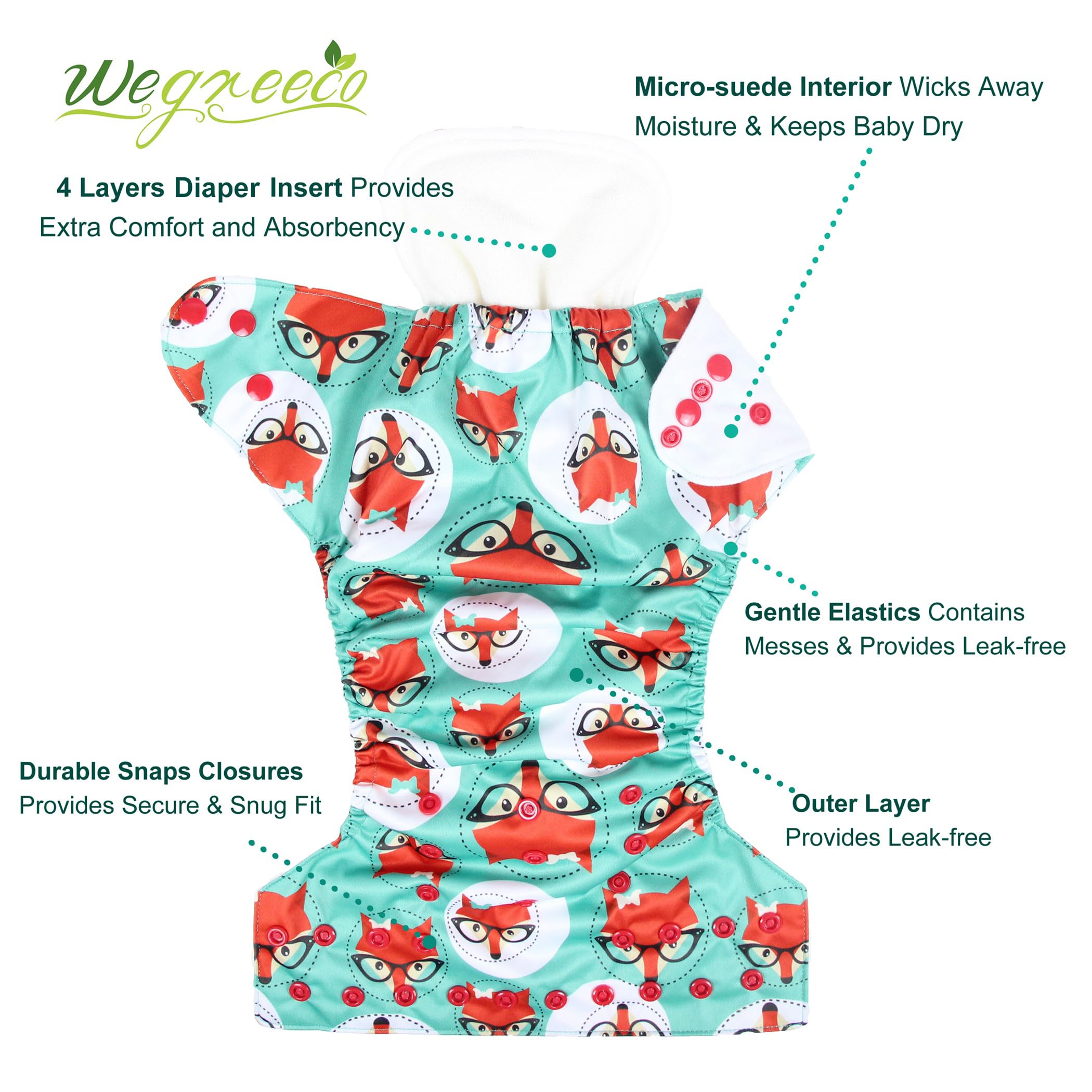 wegreeco Cloth Diapers 6 Pack with 6 Inserts & 1 Wet Bag, Washable Cloth Diapers for Babies, One Size Adjustable Reusable (Girl Prints + 1 Wet Bag)