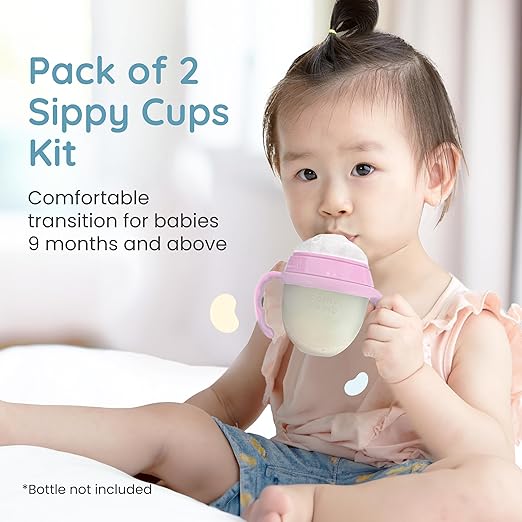 Botabee Pink Soft Spout - Transition Sippy Cup Kit for Comotomo 5 & 8 Oz Bottles - Conversion Kit Fits 5 Ounce & 8 Ounce Bottles - Baby Bottle Nipple with Weighted Straw & Bottle Handles (Pack of 2)