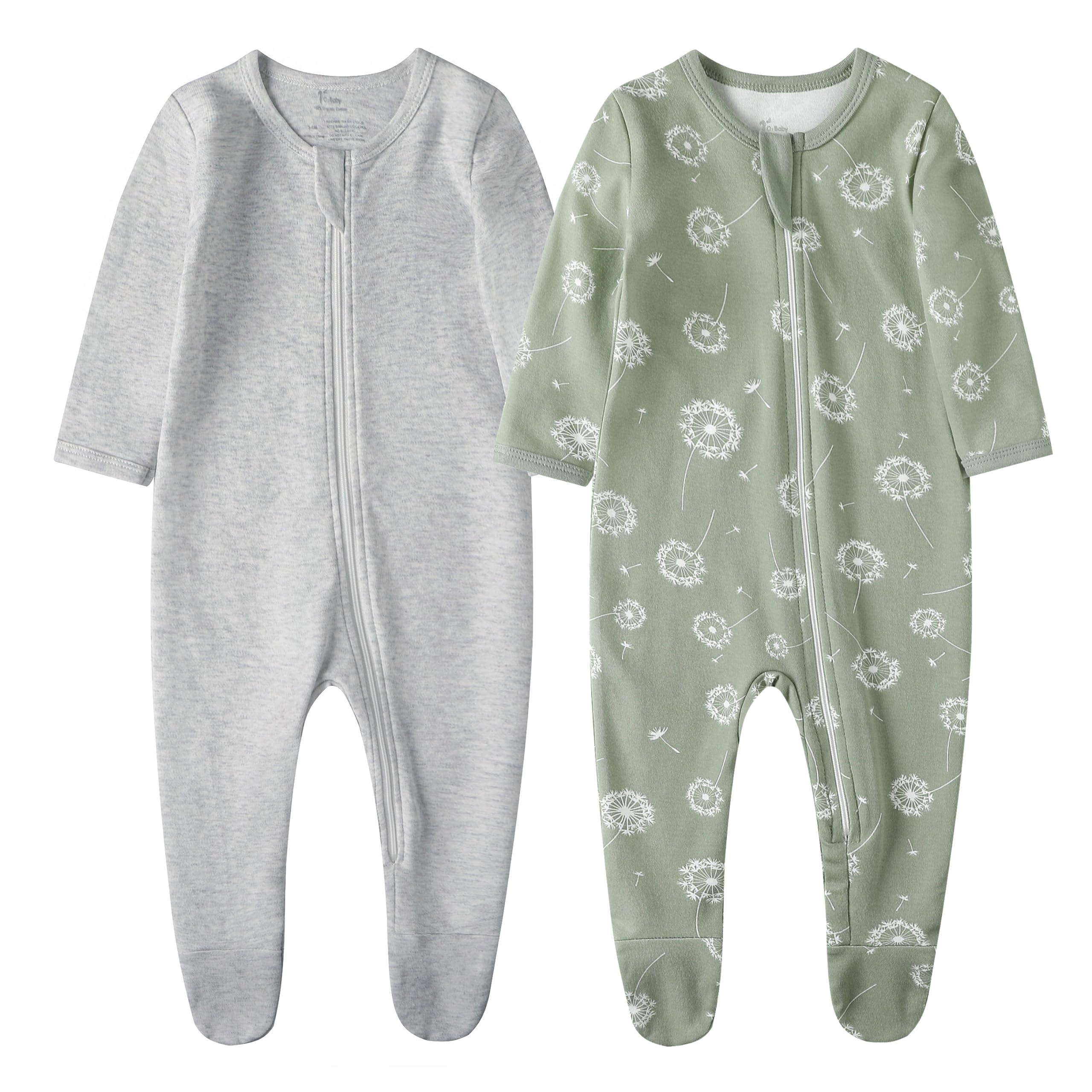 O2 BABY Baby Boys Girls Organic Cotton Zip Front Sleeper Pajamas, Footed Sleep 'n Play（0-3 Months, Dandelion & Grey Melange）