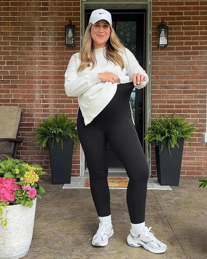 G4Free Maternity Leggings for Women Over The Belly Pregnancy Yoga Pants with Pockets Soft Activewear(Black,M,25")