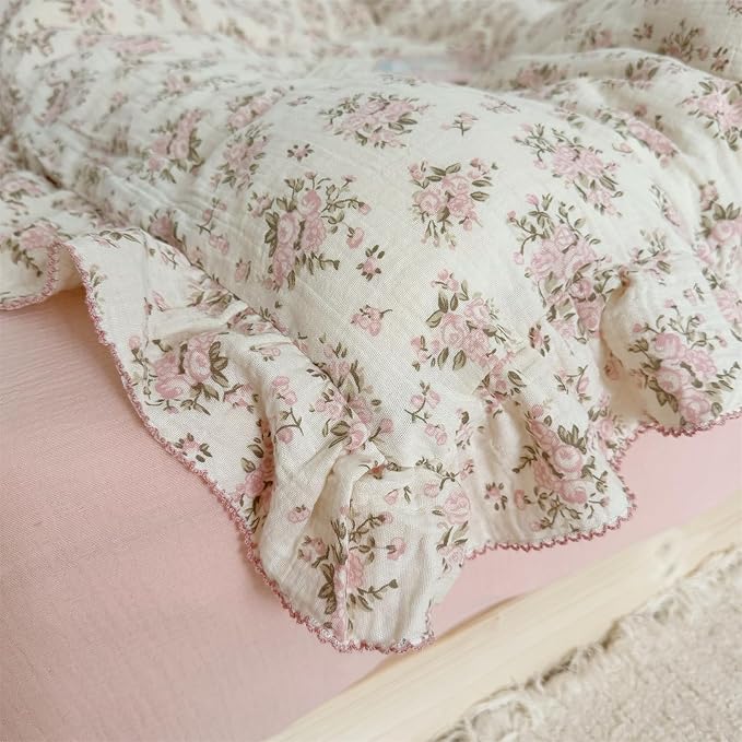 AOJIM Pink Floral Kids Toddler Pillowcase 1 Piece Super Soft Muslin Cotton Bedding Pillowcase with Ruffle Edges, Durable Nursery Pillowcase Aesthetic Print Kids Pillow Cover for Room Decor, 26X20 Inch