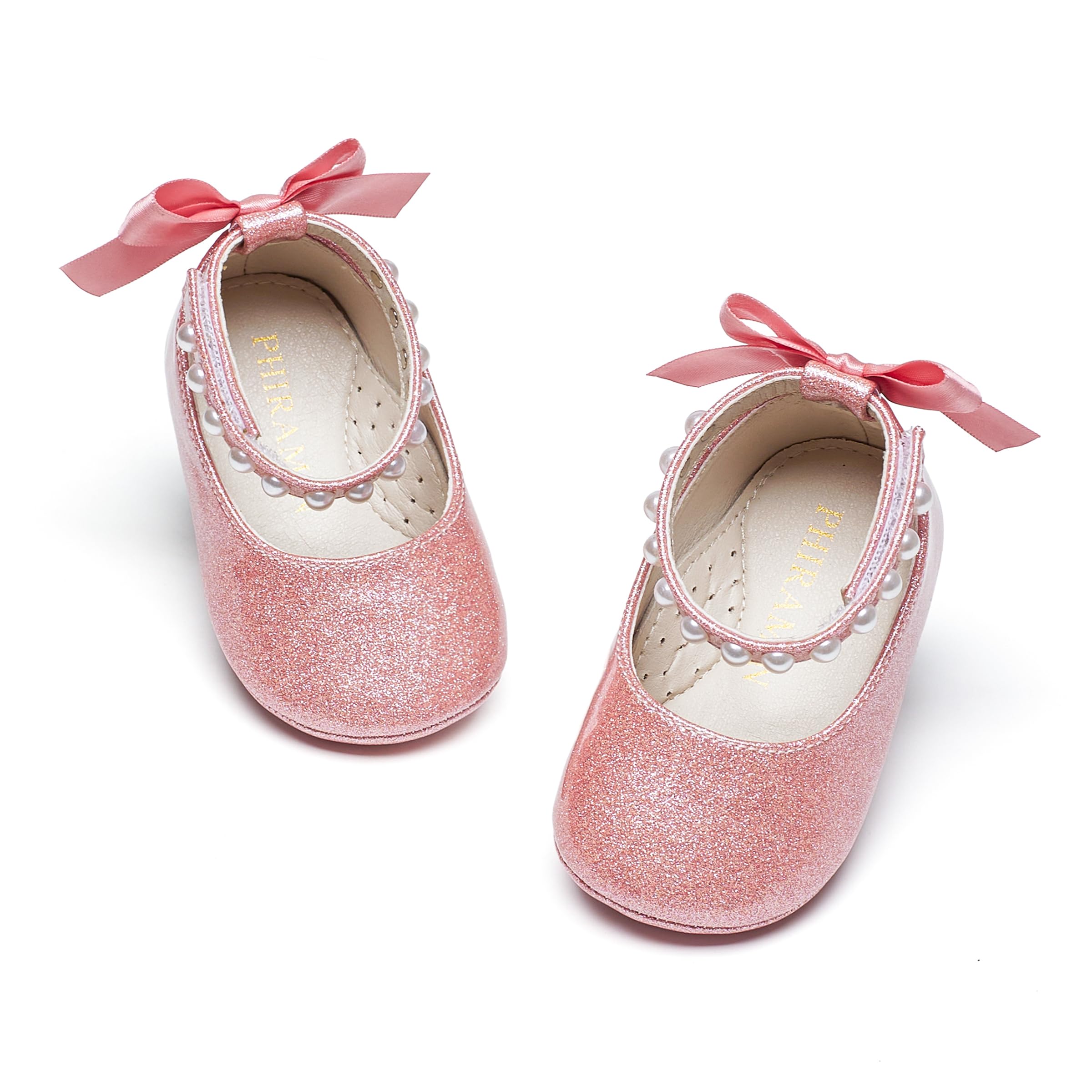 PHIRAMIN Baby Girls Glitter Pink Mary Jane Flats - Infant 18-24 Months Walking Shoes Soft Rubber Sole Princess Wedding