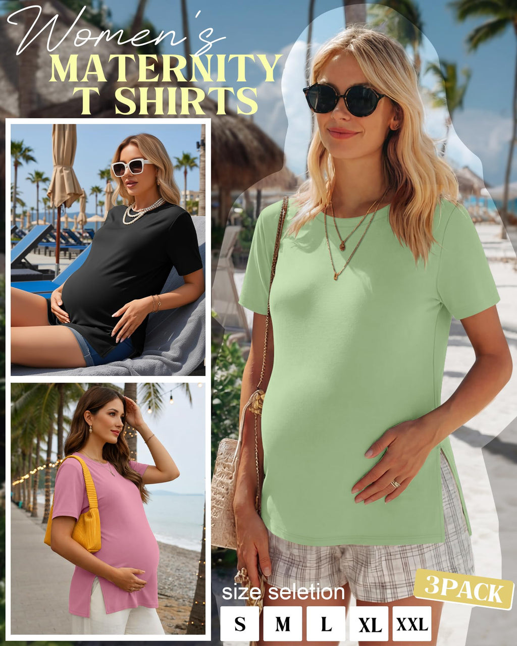 Ficerd 3 Pack Women's Maternity T Shirts, 3-Color, XX-Large