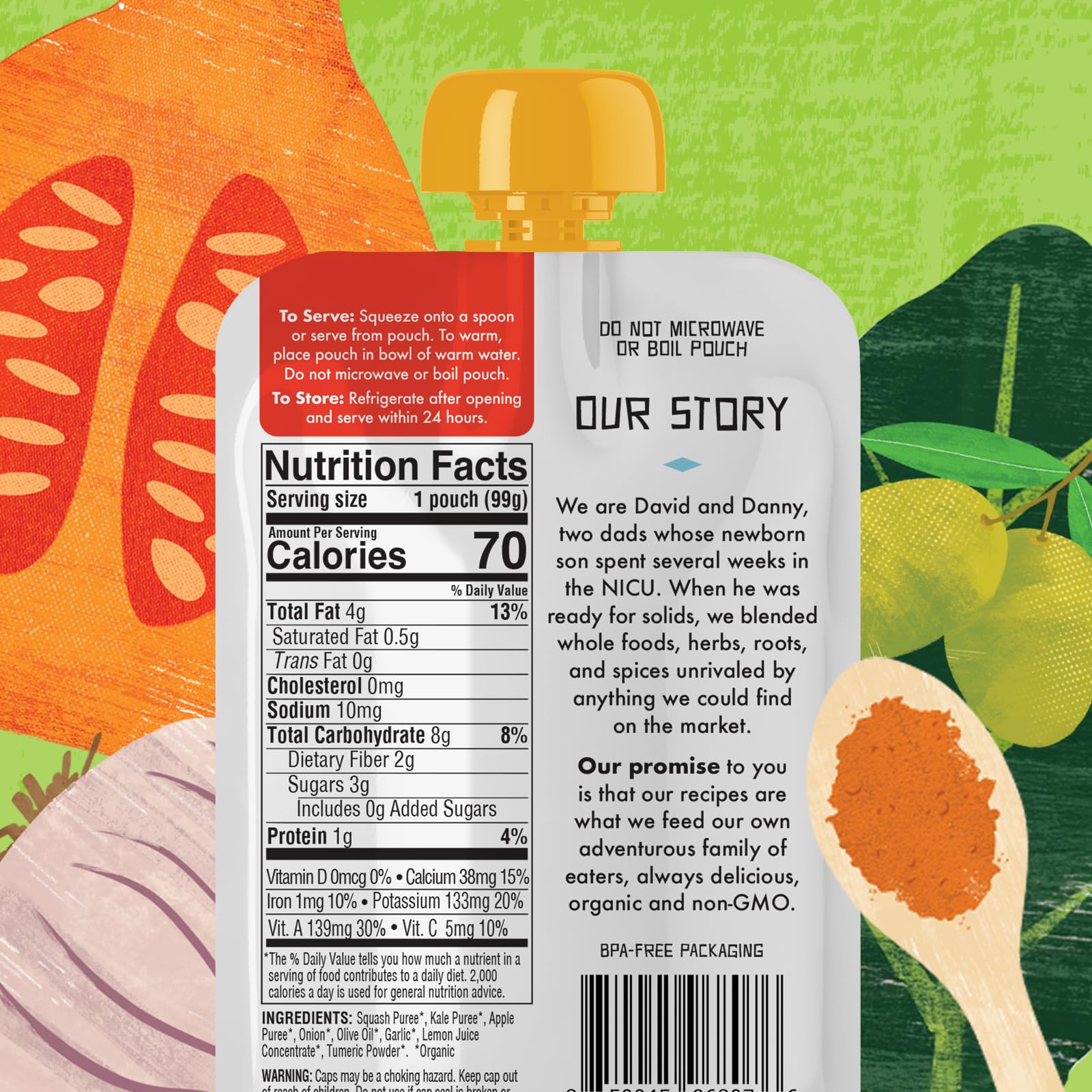 Kekoa Foods Squash & Kale with Turmeric Baby Food Purée | 100% USDA Certified-Organic Vegetarian Squeeze Pouch | Organic, Non-GMO, Gluten-Free, Vegan | Nutritious First Food for Babies | 3.5 oz