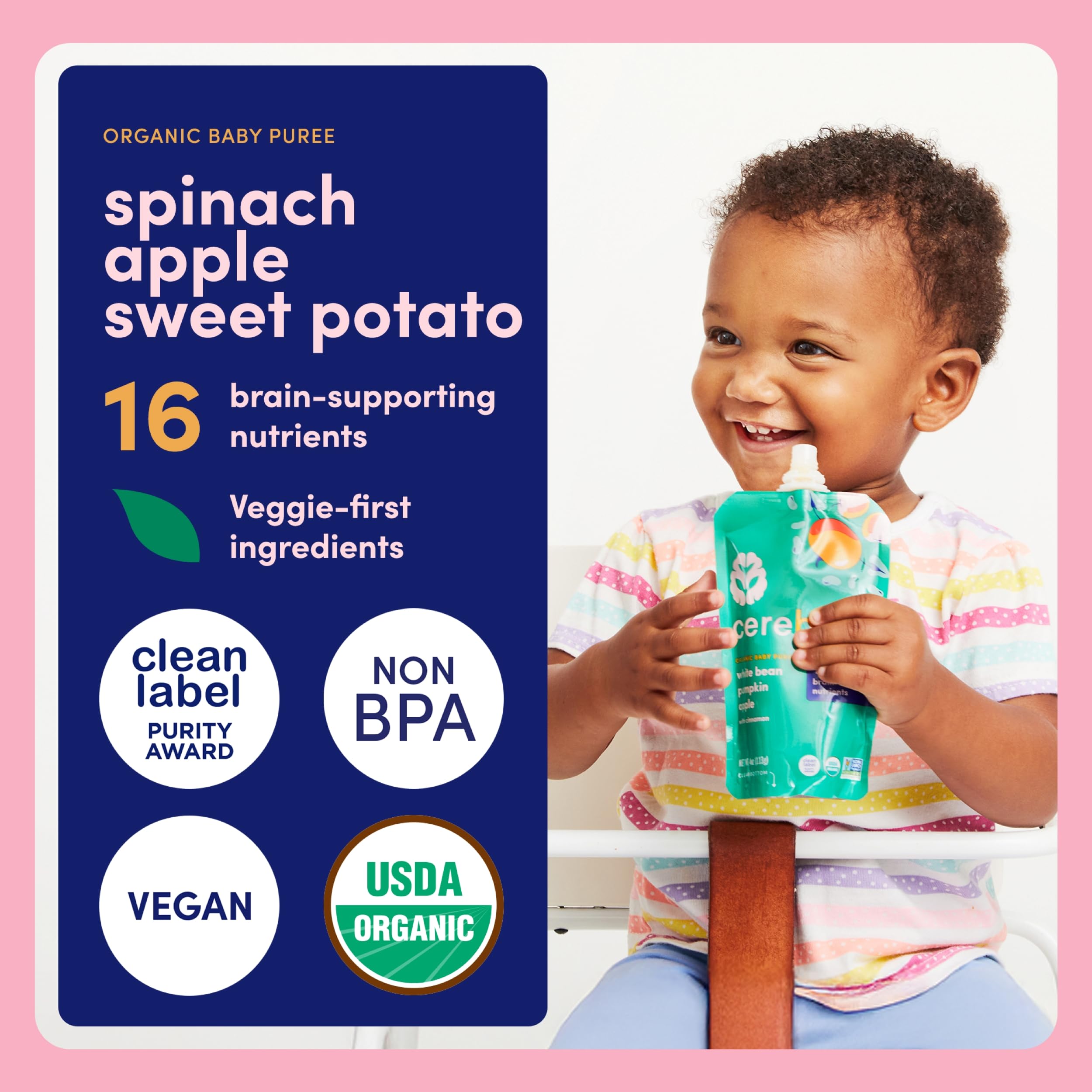 Cerebelly Organic Baby Food Pouches, Spinach Apple Sweet Potato Purees, 16 Nutrients, No Added Sugar, Fiber & Non-GMO, 4oz, 6 Pack