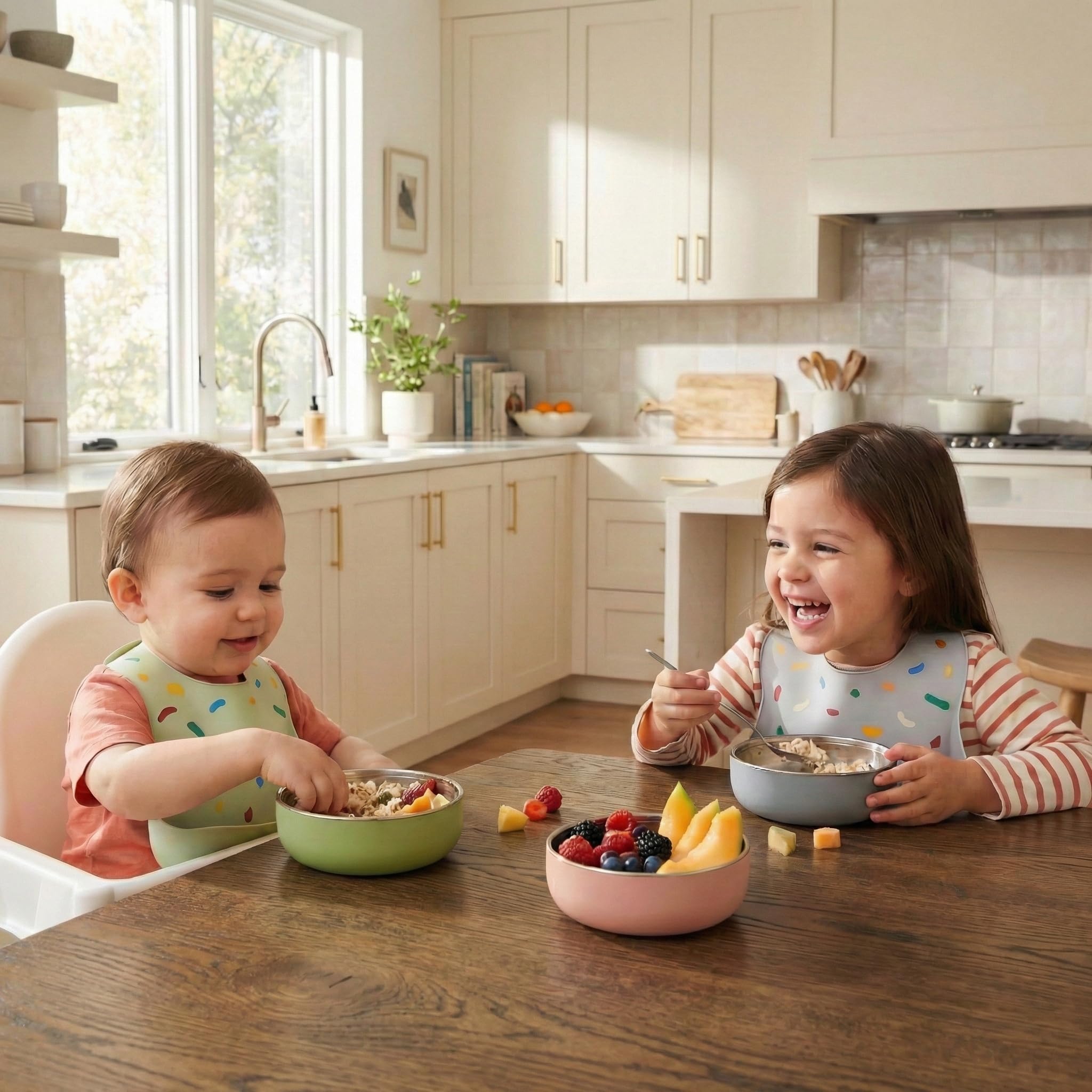 Monkey Proof™ Non-Toxic Stainless Steel Child Bowl 5” with Non-Slip Silicone Shell, Multi-color, (Set of 4 bowls) Unbreakable, Mess Free Feeding for Babies, Toddlers, Kids, BPA free