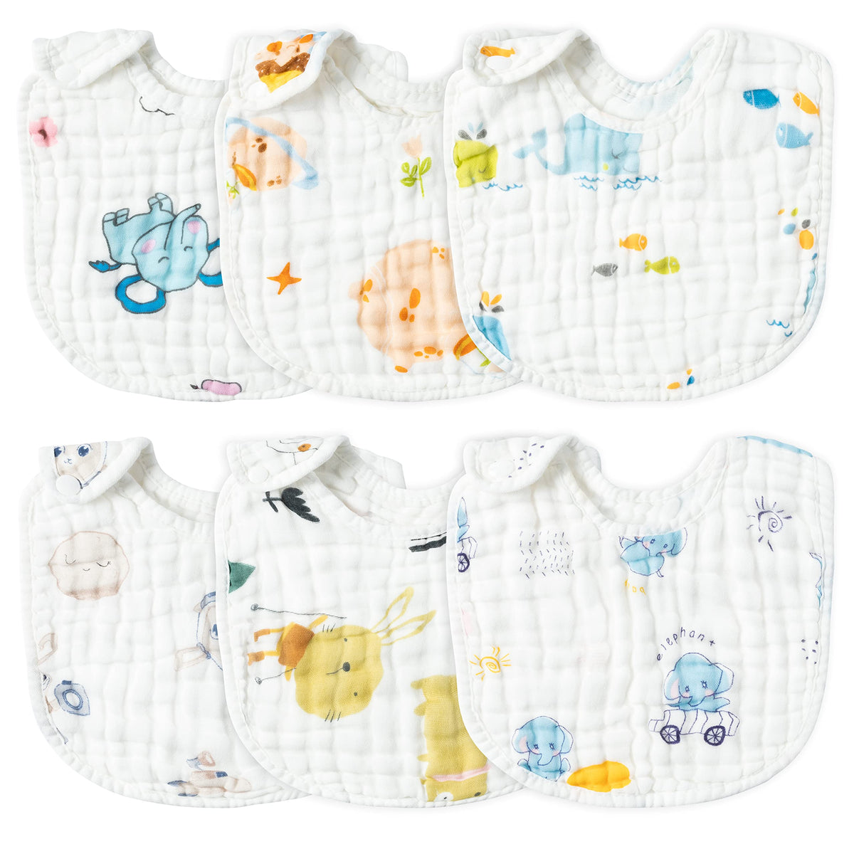 Zainpe 6Pcs Snap Muslin Cotton Bibs for Baby, Flamingo Star Flower Machine Washable Adjustable Burp Cloths with 6 Absorbent Soft Layers for Infant Newborn Toddler Drooling Feeding and Teething