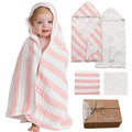 HardNok Organic Muslin Hooded Baby Bath Towel 4pc for Newborn - Pink Stripe