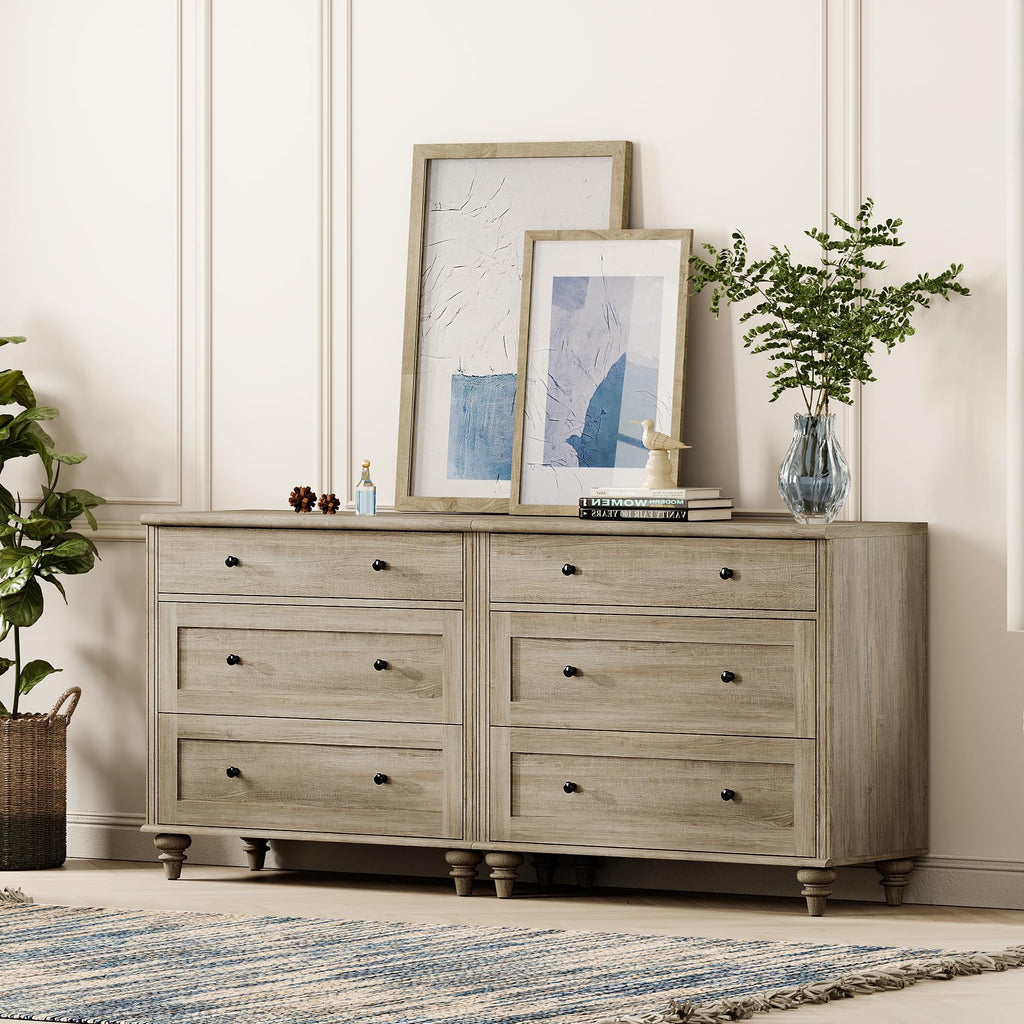 WAMPAT Kids Dresser for Bedroom with 6 Drawers, Rustic Oak Baby Dressers with Wide Chest of Drawers, Modern Wooden Closet Storage Organizer, Large Wood Dressers for Living Room, Nursery, Hallway