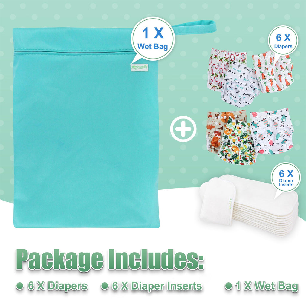 wegreeco Cloth Diapers 6 Pack with 6 Inserts & 1 Wet Bag, Washable Cloth Diapers for Babies, One Size Adjustable Reusable (Fruits, Animals)