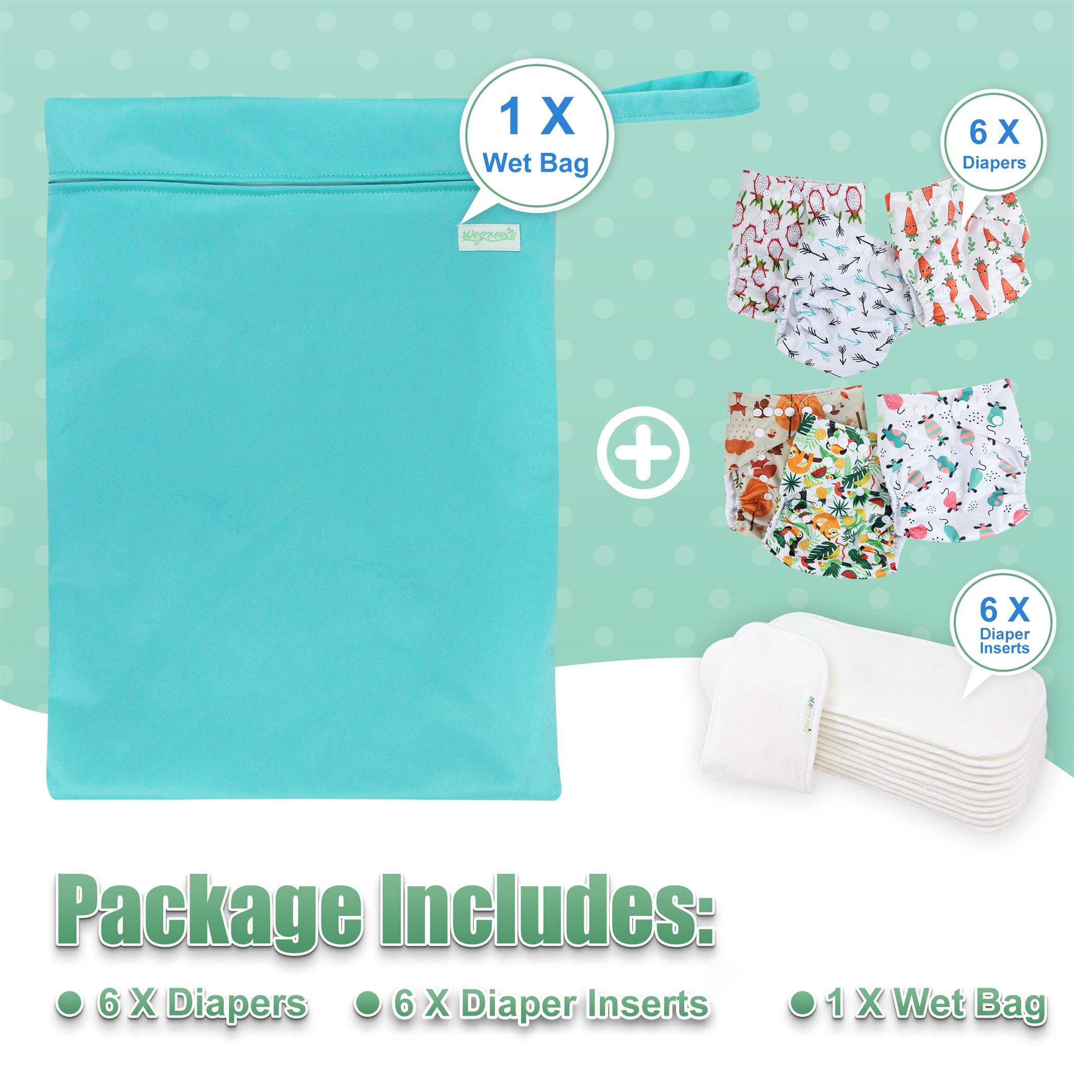 wegreeco Cloth Diapers 6 Pack with 6 Inserts & 1 Wet Bag, Washable Cloth Diapers for Babies, One Size Adjustable Reusable (Fruits, Animals)