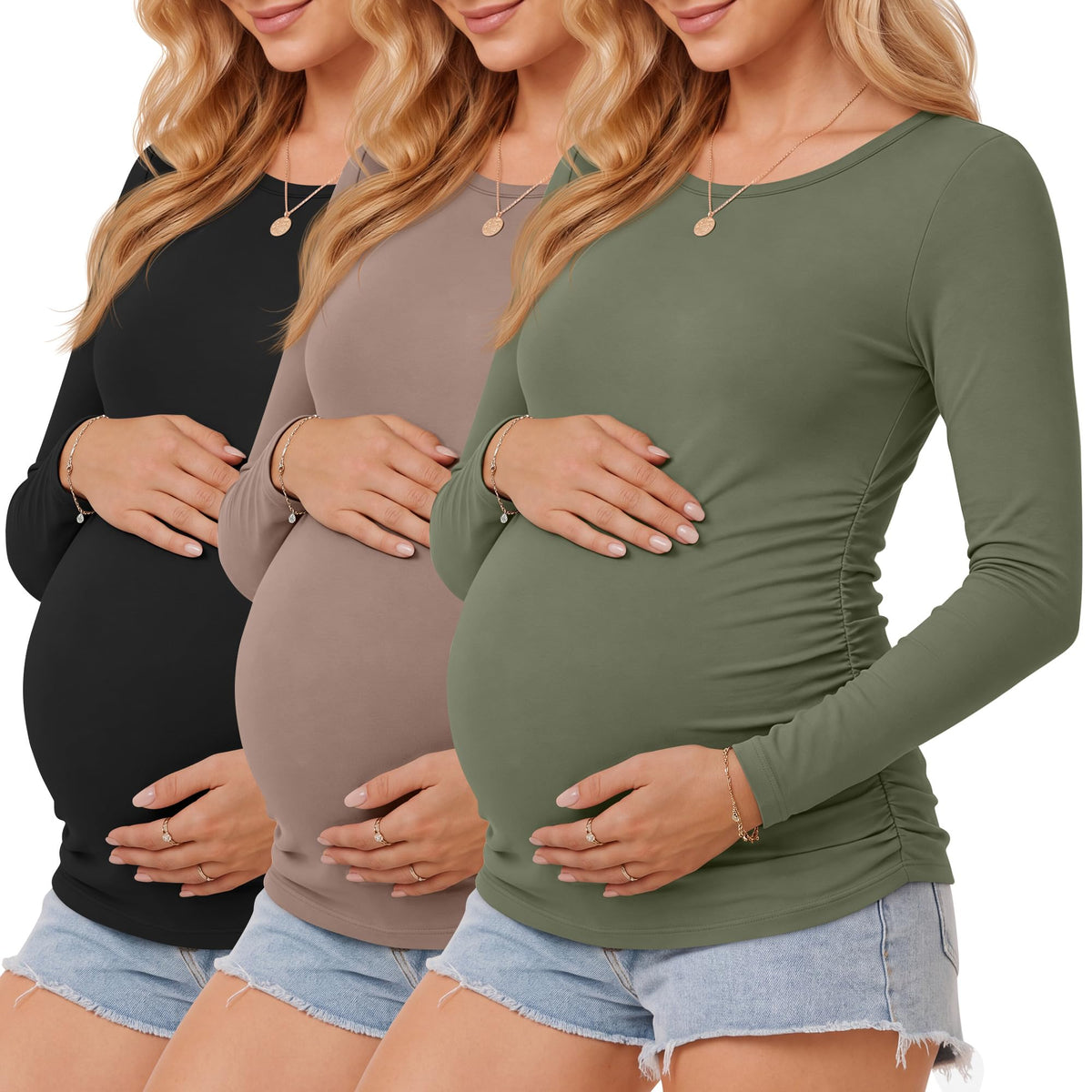 Ficerd 3 Pack Women's Maternity Shirts Long Sleeve Pregnancy Top 3Color XL
