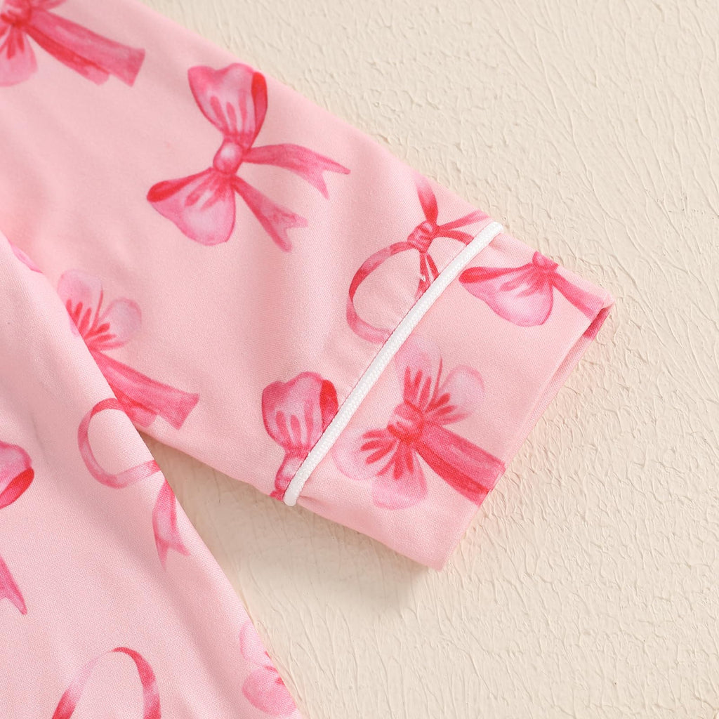 Balaflyie Baby Girl Button Down Pajamas Romper One-Piece Jumpsuit Long Sleeve Sleeper Infant Sleepwear (Ribbon Bow&Pink,3-6 Months)