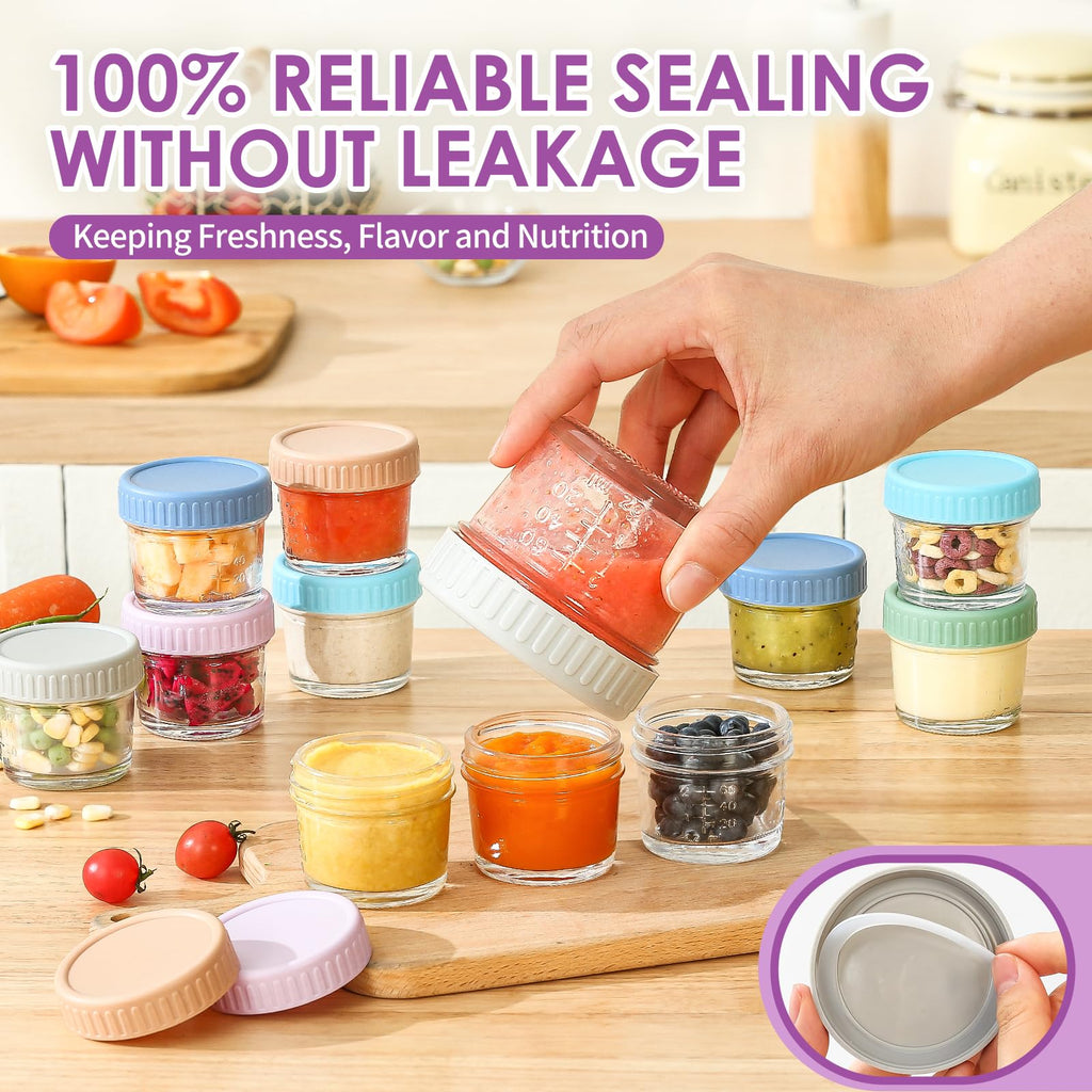 DRKIO 12 pcs Baby Food Storage Containers 4 Oz Small Glass Jars with Lids