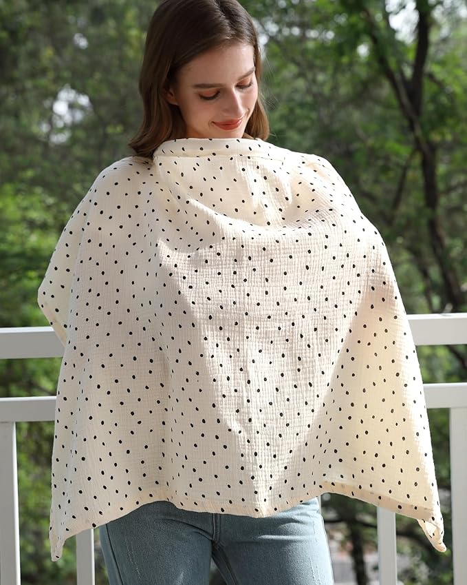 Nursing Cover for Baby Breastfeeding with Rigid Hoop, Breathable Soft 100% Muslin Cotton, Baby Breast Feeding & Pumping Apron (Beige Polka dots)