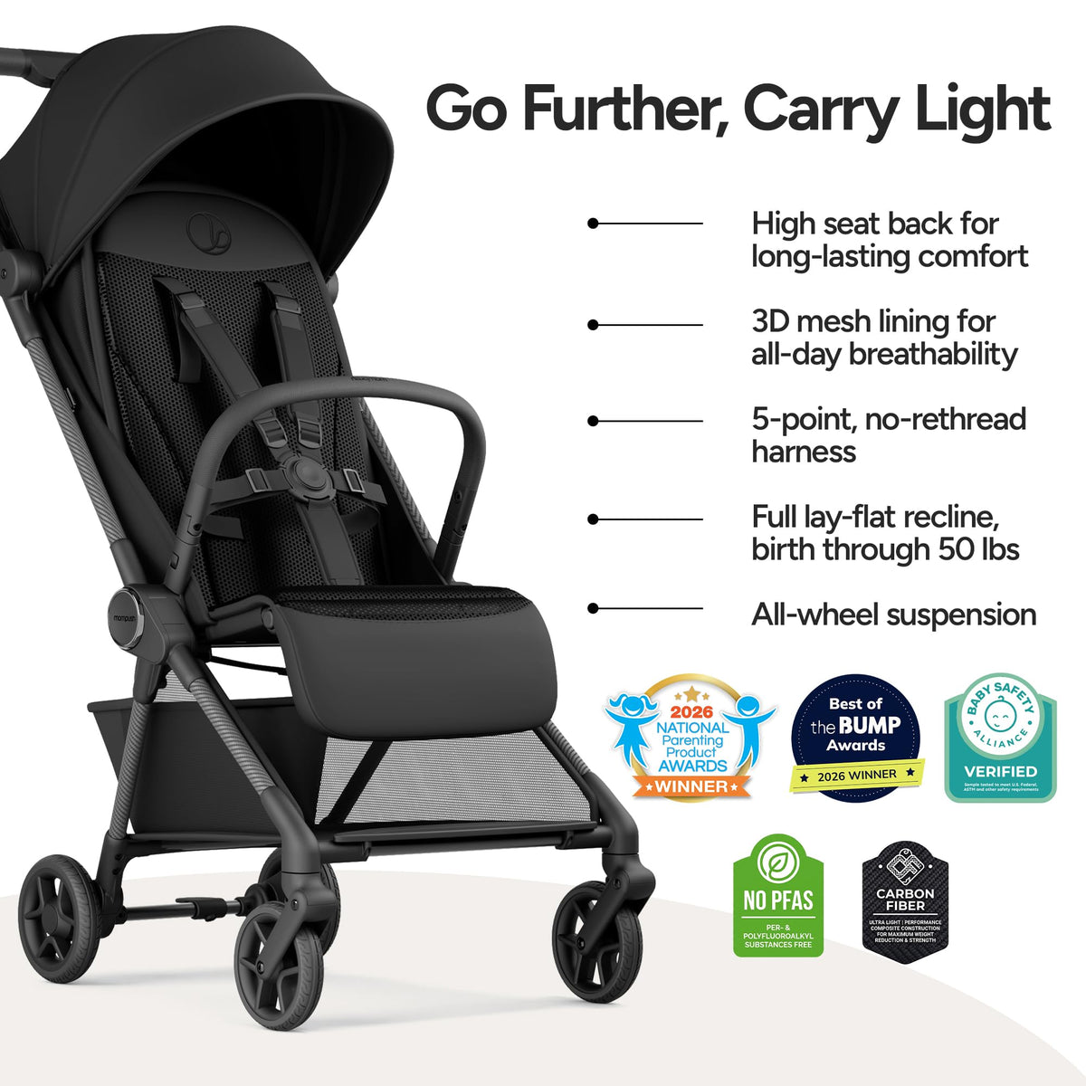 Mompush Nexis Carbon Fiber Lightweight Travel Stroller, Carry-On, Black