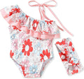 6 Month Baby Girls One Piece Ruffle Swimsuits Infant Floral Bathing Suit Off Shoulder Flower Swimwear Swimming Beach Wear with Headband 6-12 Months