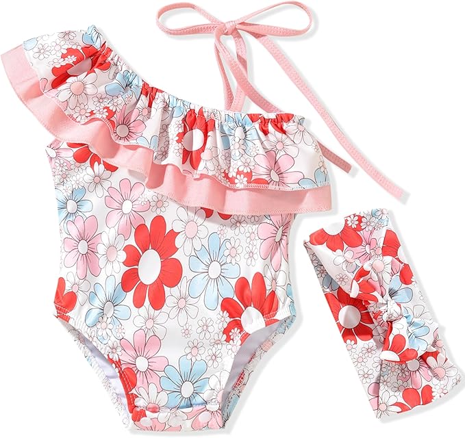 6 Month Baby Girls One Piece Ruffle Swimsuits Infant Floral Bathing Suit Off Shoulder Flower Swimwear Swimming Beach Wear with Headband 6-12 Months